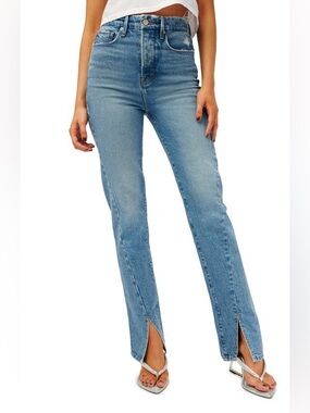 Good American Good Boy Twisted Front Slit Ankle Jeans Light Wash Size 27